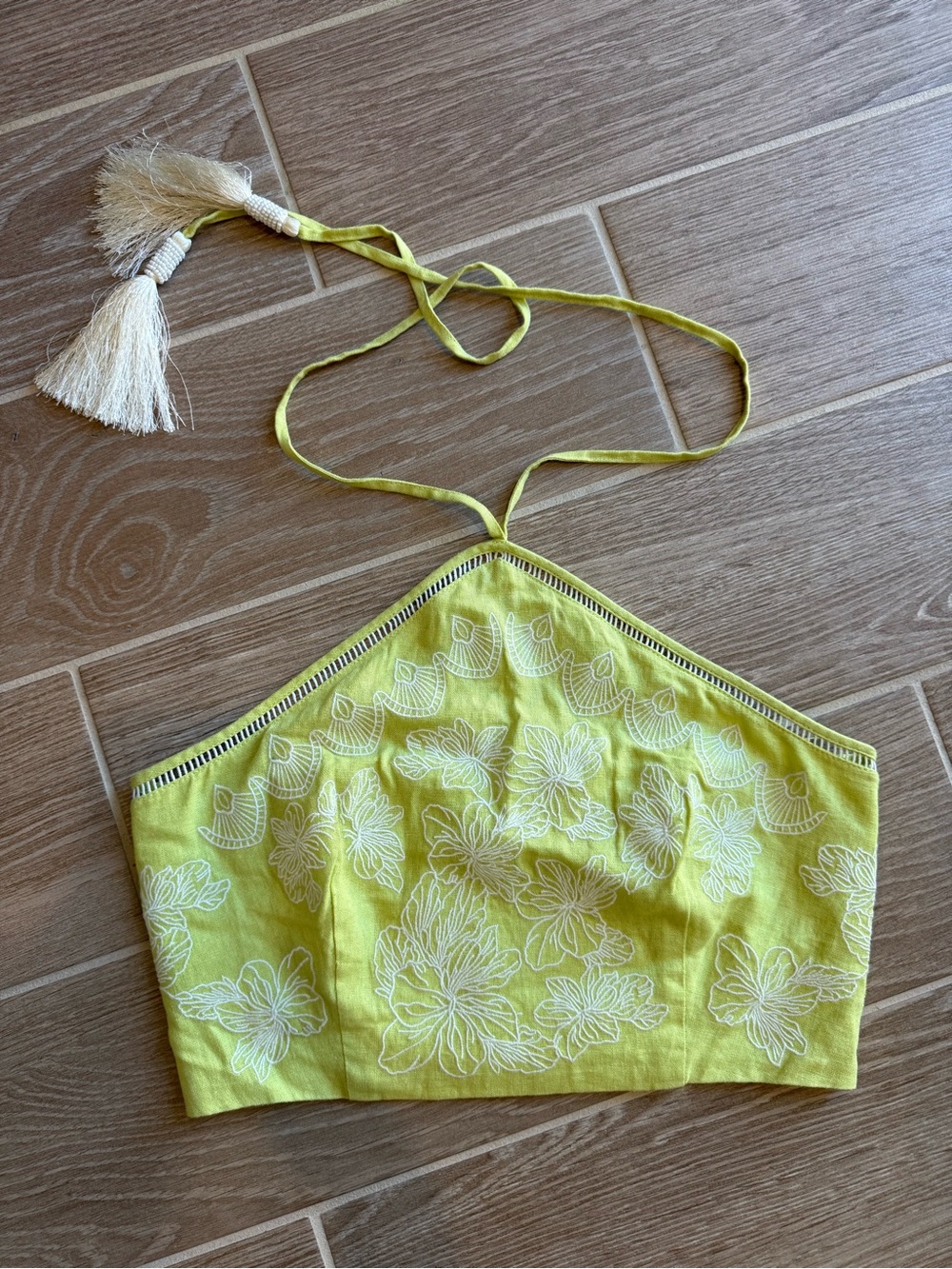 House of Harlow 1960 Yellow Halter Tank Top with White Floral Embroidery